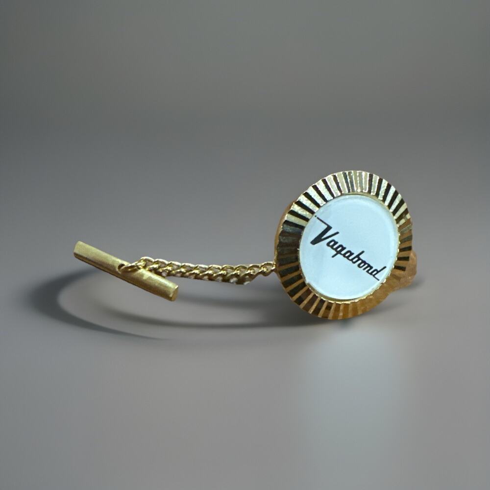 Vintage Vagabond Square Tie Tack Pin Gold Toned with Bar Chain USA